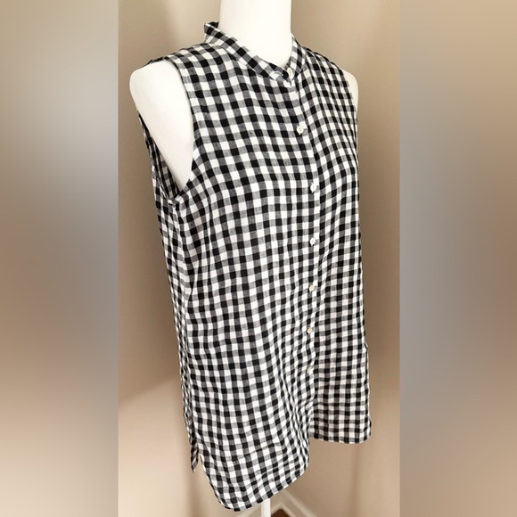Eileen Fisher Black White Gingham Linen Button Up Loose Sleeveless Tunic Top - Picture 1 of 11